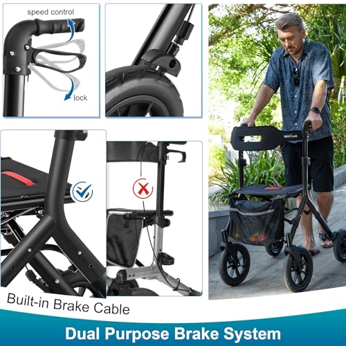 Image of MAXWALK Rollator Walker with Seat, Tall Walkers for Seniors, 12 inch Big Rubber Wheels All Terrain Rollator Walker with Backrest, Built-in Cable, Foldable and Dual Adjustable Height for 5.3-7ft, Black