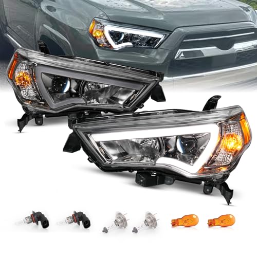 AmeriLite for 2014-2023 Toyota 4Runner LED Tube Square Projector Gun-Metal Headlights Assembly Set - Passenger and Driver Side