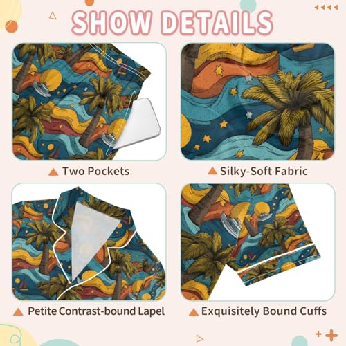 senya Sailboat Palm Sun Star Satin Summer Pajama Sets Silk Short Sleeve Button Down Sleepwear3