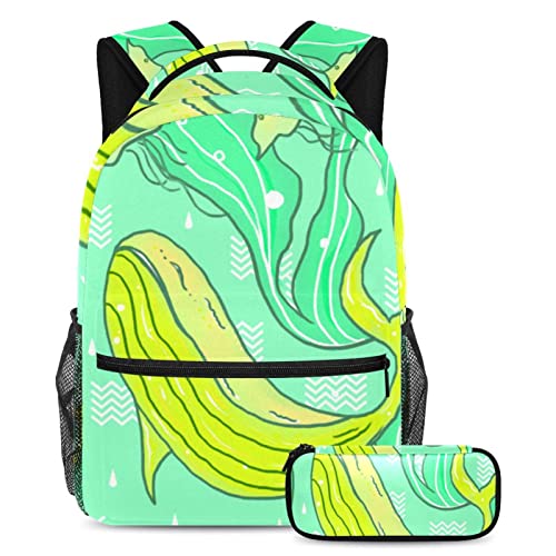 Sac à dos baleine jaune et trousse scolaire pour garçons filles adolescents - Sacs de voyage