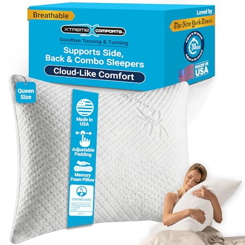 Xtreme Comforts Shredded Memory Foam Pillow- Allergy-Friendly & Cooling Pillow Cover for Side, Back & Stomach Sleepers- Machine Washable - Foam Pillows for Sleeping & Neck Pain Relief (Queen)