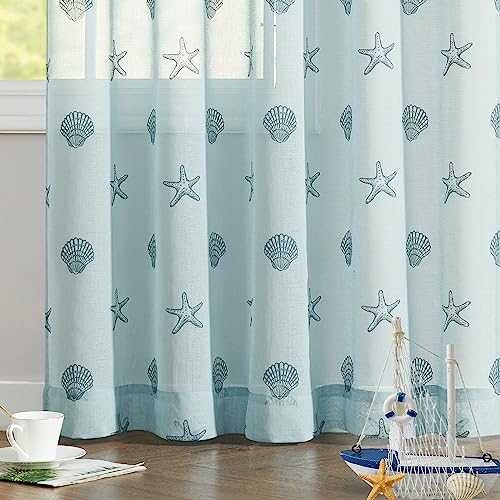 Jinchan Blue Seashell Starfish Pattern Sheer Curtains Nautical Beachhouse Coastal Cabin Living Room Darpes Window Sheers For Bedroom Beach Curtain Panels 84 Inch Summer 2 Panels #TOP4