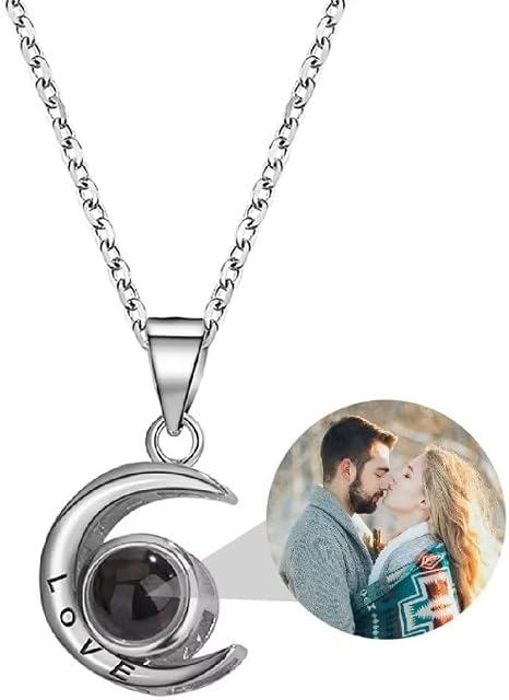 Custom Photo Necklace Personalised Projection Necklace 925 Sterling Silver Moon Pendant with Picture I Love You Necklace 100 Languages for Women Mom Friendship Christmas Memorial Gifts