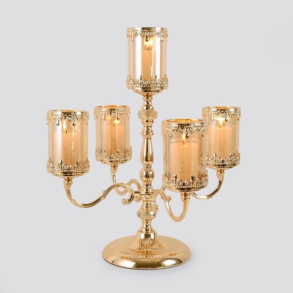 Vintage Candlestick, Candlestick,Candlestick Holder Candelabra Decorative Candle Holders 5 Arms Candelabra Metal Candle Stand with Glass Candle Cup Vintage Candle Holders(Gold)