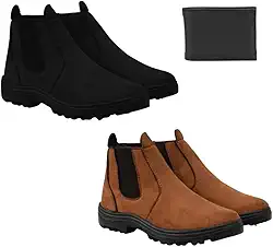 Kit 2 Botas Botina Couro Camurça Conforto Trabalho + Carteira