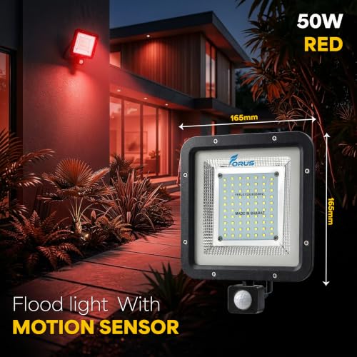 Image of Forus 50W LED Flood Light Red with Motion Sensor Auto On Off Day Night Mode Waterproof Outdoor Security Light for Garden Parking Garage Factory Warehouse Shop High Bright Floodlight 4Yr Warranty-1Pc