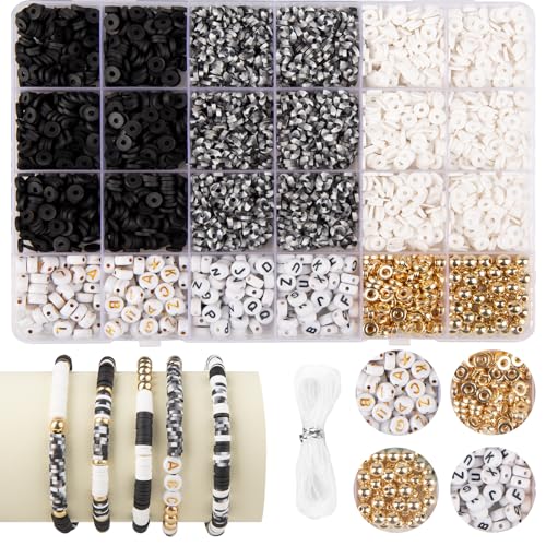 yumcute 3000 Piezas Abalorios para Hacer Pulseras, 6 Color Cuentas para Pulseras, 6mm Cuentas de Arcilla Negro + Blanco, Kit para Hacer Pulseras, Abalorios para Hacer Collares y Pendientes