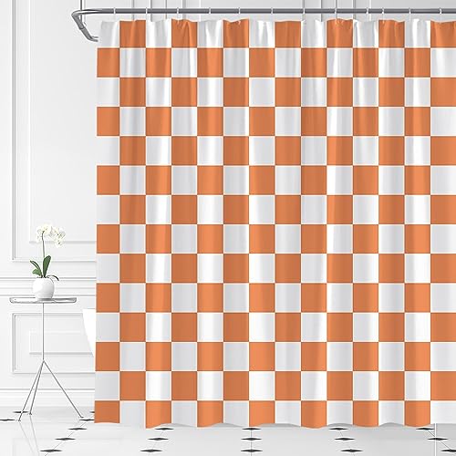 ASVEAS Retro Checkered Shower Curtain Orange Vintage 60s 70s Checkerboard Geometric Modern Funky Groovy Abstract Aesthetic Cute Fabric Bathroom Decor Set with Hooks(70" WX70 H) by ASVEAS - Used condition - US$15.66