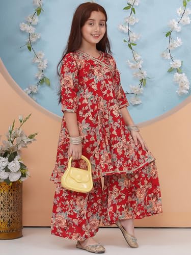Image of Preneum Girls's Cotton Rayon Gota Pati Floral Printed Angrakha Kurta with Sharara