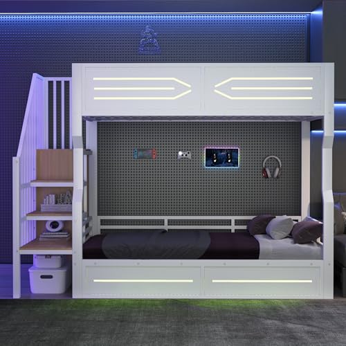 Raeln Litera de Estilo Moderno como Cama Alta con Superior e Inferior de 90x200 cmen Estructura Metalica, Escalera y Armario para Habitacion de Adolescentes en Nobles hogares.