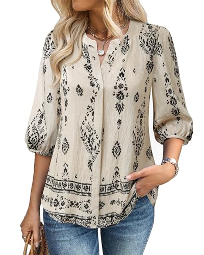 Gaharu Womens Summer Tops 3/4 Puff Sleeve V-Neck Dressy Casual Blouses Boho Floral Shirts4