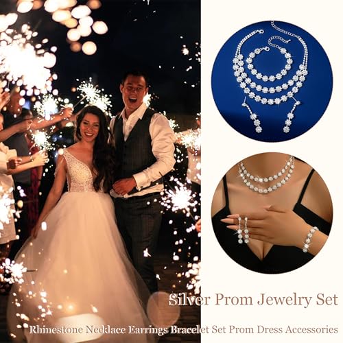 HUASAI Silver Wedding Jewelry Sets for Brides Rhinestone Necklace Earrings Bracelet Set Bridal Costume Jewelry for Women Formal Wedding Guest Dress Accessories Prom Party Outfits4