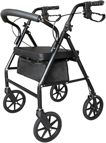 HSEECR Ultra Lightweight Folding Mobility Aids - Mobility Walker Rollator 4 Wheel with Padded Seat, Lockable Brakes and Bag, Walking Frame for The Elderly or Disabled (Black)