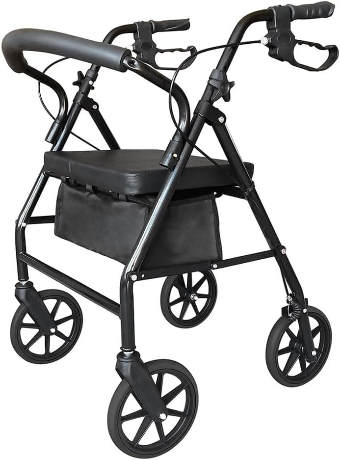 Ultra Lightweight Folding Mobility Aids - Mobility Walker Rollator 4 Wheel with Padded Seat, Lockable Brakes and Bag, Walking Frame for The Elderly or Disabled (Black)