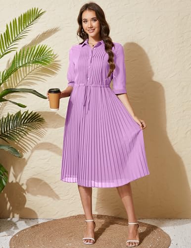 Image of Women V Neck 3 /4 Sleeve Pleated A-Line Dress with Belt Swing Midi Dresses for Spring Summer Autumn