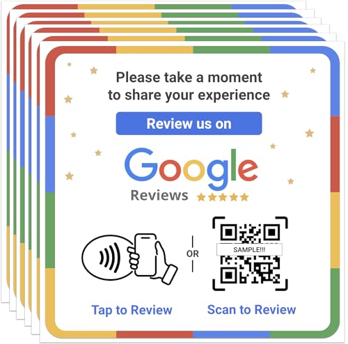 Review NFC Sticker - Encourage Customer Feedback - Review Tap Sticker or Scan QR Social Media Sign - Boost Online Ratings with NFC Technology - No App (Square 3.94" - Pack 6)