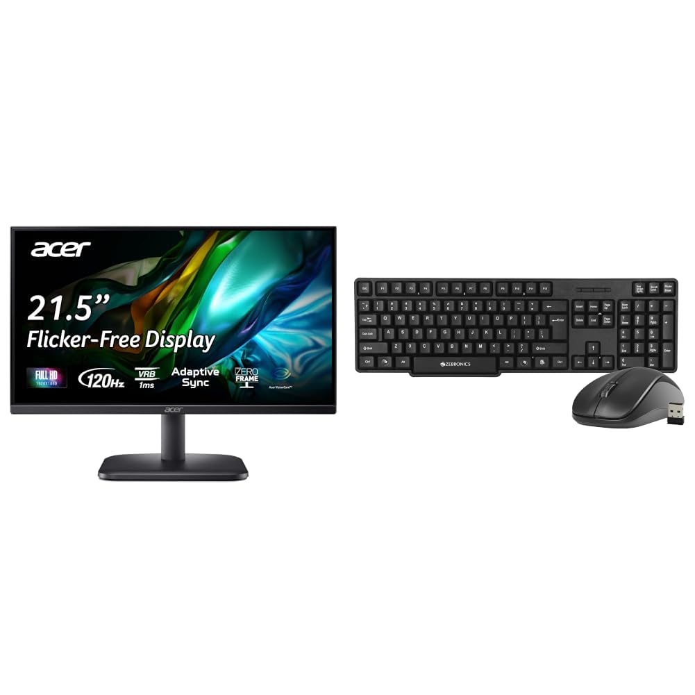 Acer EK220Q 21.5" FHD 120Hz VA Monitor sRGB99% + Zebronics Companion 107 Wireless Keyboard Mouse + HP Wired Headset | JioPC Premium Bundle-image-0