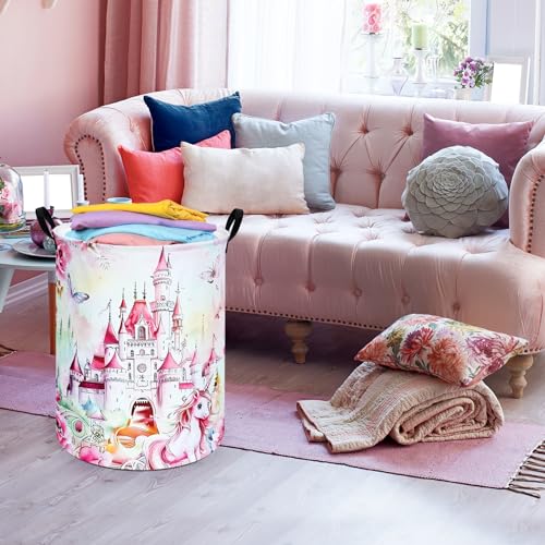 Image of Round Castle Pattern Laundry Hamper Clothes Storage Basket Fabric Storage Hamper Organization Storage Bin, Nursery Box,Gift Basket with Handles