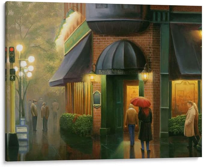 Canvas Lab | Rainy Day Pub by Leo Stans | 32 x 24 in | Canvas Print Wall Art | Food, Architecture, Cities, Figurative, Spirits, Cuisine | Wall Decor for Bedroom, Living Room or Office