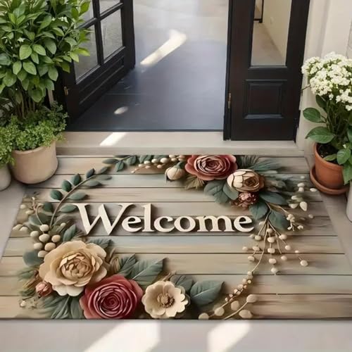 Image of Floral Welcome Doormat for Home Entrance - Non-Slip, Waterproof, and Easy-Clean Floor Mat - Indoor Outdoor Decorative Rug for Front Door, Porch, Patio, Kitchen & Living Room