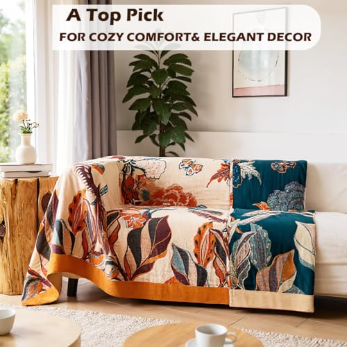 Boho Large Throw Blanket, 100% Organic Cotton Breathable Soft Bed Throw - Floral Bird Farmhouse Decor Blanket for Sofa Couch Chair Quilt and Gift. 91" x 98"- Beige