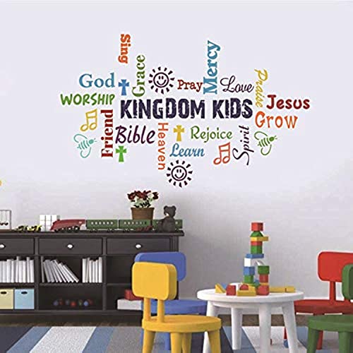 Cozy Decor Vinyl Wall Decal, Kindom Kids Multicolor Sticker, Inspirational Christian Bible Verse Poster for Children Classroom, Church Religious Decoration