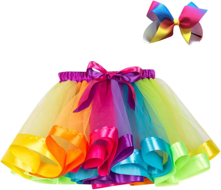 Lazzboy Girls Tutu Tulle Rainbow Ballet Skirt Princess for 3-10 Years Dress-up Costume Party with Bow Hair Clip Set