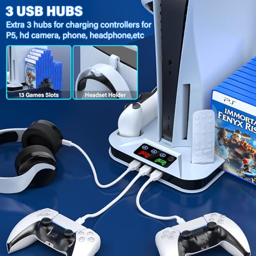 Image of PS5 / PS5 Slim Cooling Station with Controller Charging Station for PlayStation 5 Console Disc /Digital, Cooling Stand for PlayStation 5 Slim with Cooler Fan Accessories with 3 USB Hubs /Headset Holder