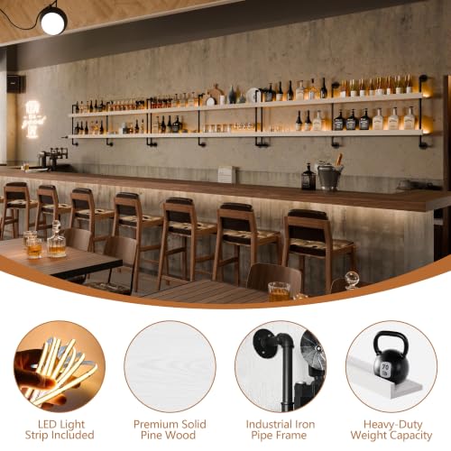 Image of Bar Shelves, Wall Mounted Wine Rack, White, 60 Inch | 2 Tier, Industrial, Solid pine shelves, black pipe brackets, 70 lbs per shelf, wine, liquor, bar decor, with LED light