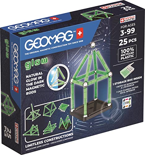 Geomag, Glow Recycled, Construcciones Magnéticas Efecto Glow, Barras Que Brillan en la Oscuridad, Paquete de 25 Piezas, Plástico 100% Reciclado