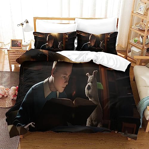 YINGD Juego de funda de edredón 3D de Las aventuras de Tintín con póster de película para niños, juego de edredón decorativo de tendencias de moda, tamaño 200 x 200 cm