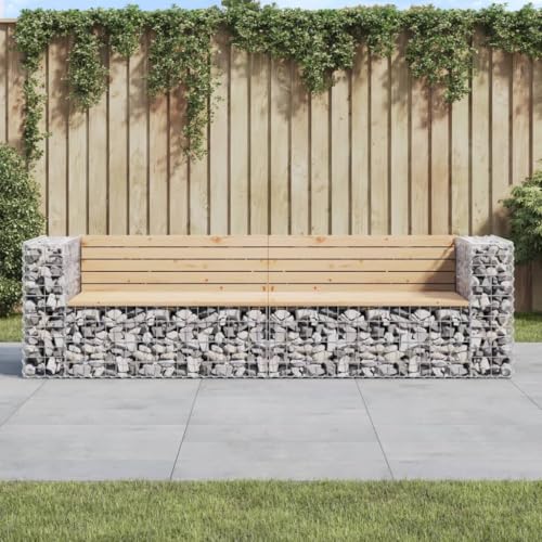 XHNIFBN 96' Rustic Outdoor Garden Bench, Solid Pine Wood Large Patio Seating with Galvanized Gabion Base, 2-Person Front Porch Furniture, Brown for Backyard, Deck and Lawn