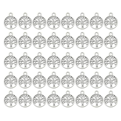 50 pieza dijes de árbol de la vida, colgantes de acero inoxidable de metal, dijes planos, colgantes con forma de árbol