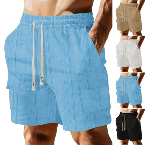 Image of Men's Cargo Shorts Casual Elastic Waist Drawstring Textured Lightweight Summer Comfy Beach Shorts Multi Pockets