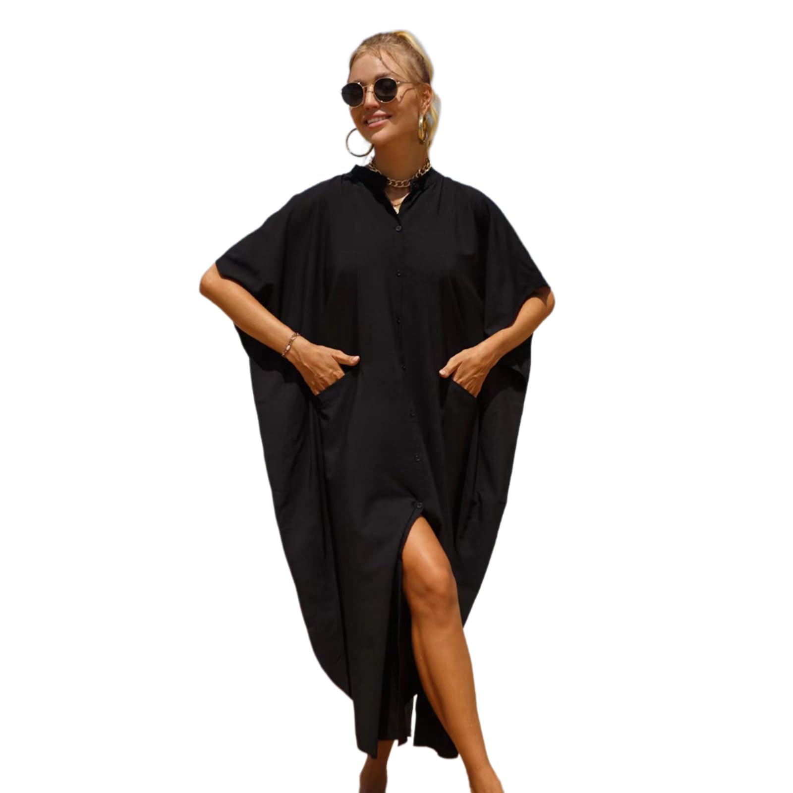 Vestido largo de traje de baño para mujer, con abertura lateral y botones hacia abajo, kimono, salida de baño para la playa