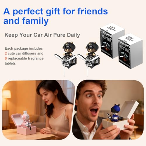 Image of 2Pcs Car Air Fresheners, Cute Bear Pilot Automotive Air Outlet Creative Car Perfume Diffuser, Automotive Accessories Air Vent Decoration with 8 Fragrant Tablets (Black 1+Silver 1)