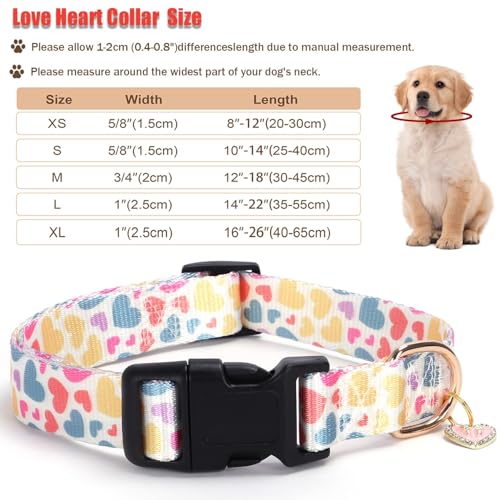 Image of Love Pattern Dog Collar with Buckle Adjustable Safety Nylon Collars for Small Medium Large Dogs, Cute Stylish Girl Boy Christmas Dog Collar （White Heart,S