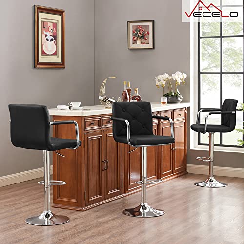 Vecelo Bar Stools, Adjustable Bar Stools Set Of 2, Counter Height Barstool With Back And Arms, Swivel Pu Leather Bar Chairs For Kitchen/Island, Black #TOP3