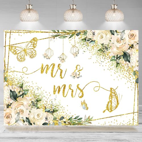 7x5ft Wedding Backdrop Mr and Mrs White Flowers Gold Butterfly Dots Photography Background Bride to Be Engagement Wedding Ceremony Decorations Party Decorations Banner Photo Studio Props