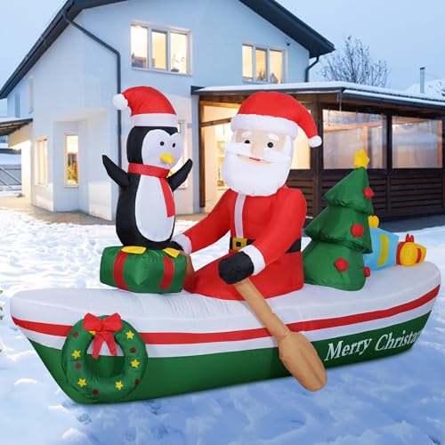 Double Couple 7FT Christmas Inflatable Santa Rowing Boat with Penguin/Christmas