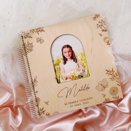 MONAMI   Libro de firmas Personalizado con Foto. Álbum Libro de firmas para Boda, comunión o Bautizo. Grabado en Madera de Abedul, 30 páginas. Realizado artesanalmente en España.