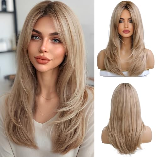 OUFEI Long Straight Blonde Wigs for Women Layered Synthetic Hair Ombre Wig with Dark Roots for Daily Party Cosplay Wear