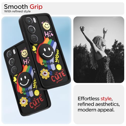 Image of Pikkme Back Cover for Oppo Reno 12 Pro 5G | Soft Silicone| Cute Rainbow Smile & 3D Cartoon Flower Design | Shockproof Raised Camera Protection Bumper Case (Black)