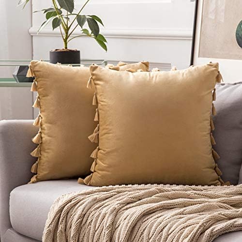 MIULEE Velvet Cushion Covers Home Decoration Tassel Design Pillowcases for Livingroom Sofa Bed Couch Soft Luxury Pure Color with Delicate 2 Pieces 12x20inch 30x50cm Orange
