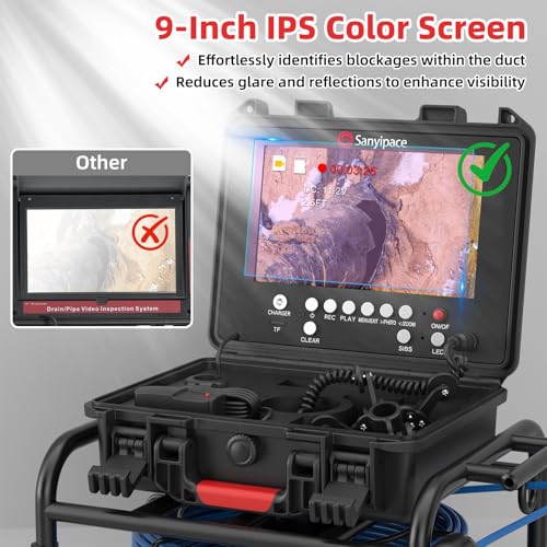 Image of Sanyipace Drain Camera 512Hz, Self-Leveling Sewer Camera with Distance Counter, 5X Zoom, 4500mAh Battery, Waterproof Pipe Camera for Plumbing Duct Home Inspection, 66FT /20M Cable, Included 16GB Card