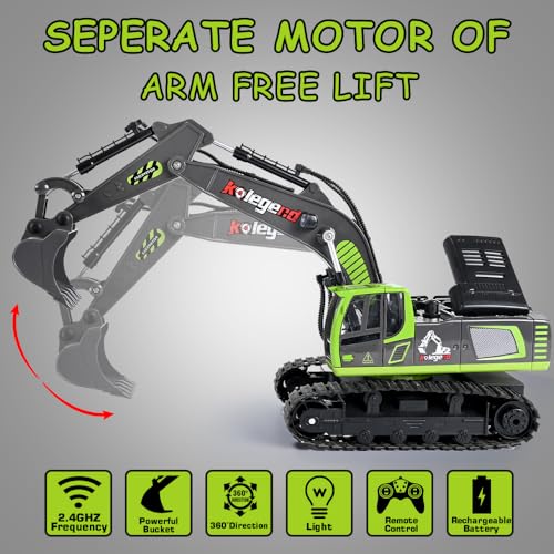 Image of kolegend Remote Control Excavator Toy 16 Inch, 11 Channel RC Construction Vehicles Hydraulic Haulers Digger Toys Gift for 6 7 8 9 10 Years Old Kids Boys