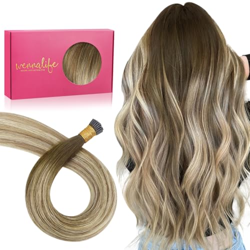 WENNALIFE I Tip Hair Extensions Human Hair, 50g 50s 18 Inch Ombre Walnut Brown to Ash Brown and Bleach Blonde Remy Itip Human Hair Extensions Invisible Itips Straight I Tips Fusion Extensions Real
