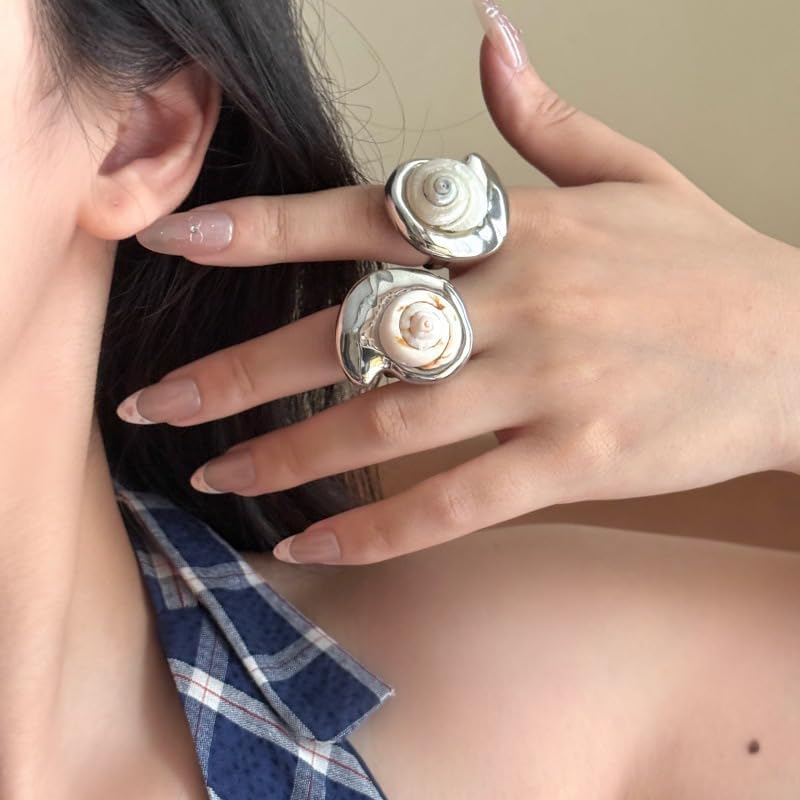 NewZenro Vintage Natural Shell Conch Open Ring for Women Silver Plated Chunky Ocean Sea Snail Statement Finger Band Rings Comfor itSummer Beach Boho Fashion Trendy Jewelry Holiday Size 6.5 - Image 4