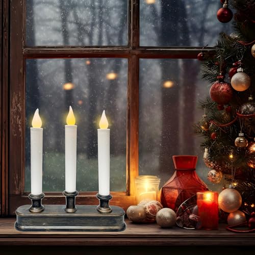 Image of Battery Operated LED Window Candles - 3 Light Flameless Taper Candles with Dusk to Dawn Sensor, 9 Inch Christmas Window Candle Lights with Flickering Amber Flame for Indoor Table Window Holiday Decor