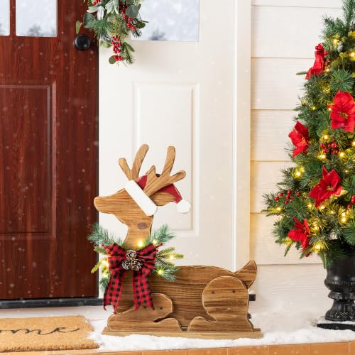 Image of Glitzhome 25.75 inchH Lighted Christmas Reindeer Porch Sign,Chunky Wood Reindeer Porch Decor with Timer,Merry Christmas Welcome Sign for Holiday Party Indoor Outdoor Xmas Decorations